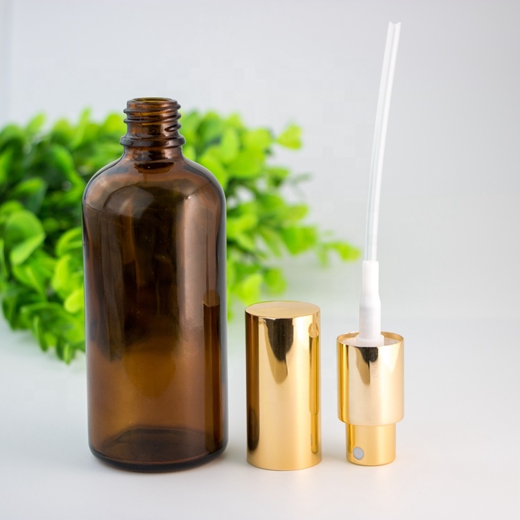 Wholesale amber aluminum cap custom frosted cosmetic packaging matter mist spray glass material bottle 30ml 50ml 100ml