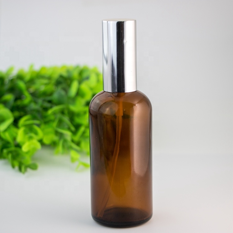 Wholesale amber aluminum cap custom frosted cosmetic packaging matter mist spray glass material bottle 30ml 50ml 100ml