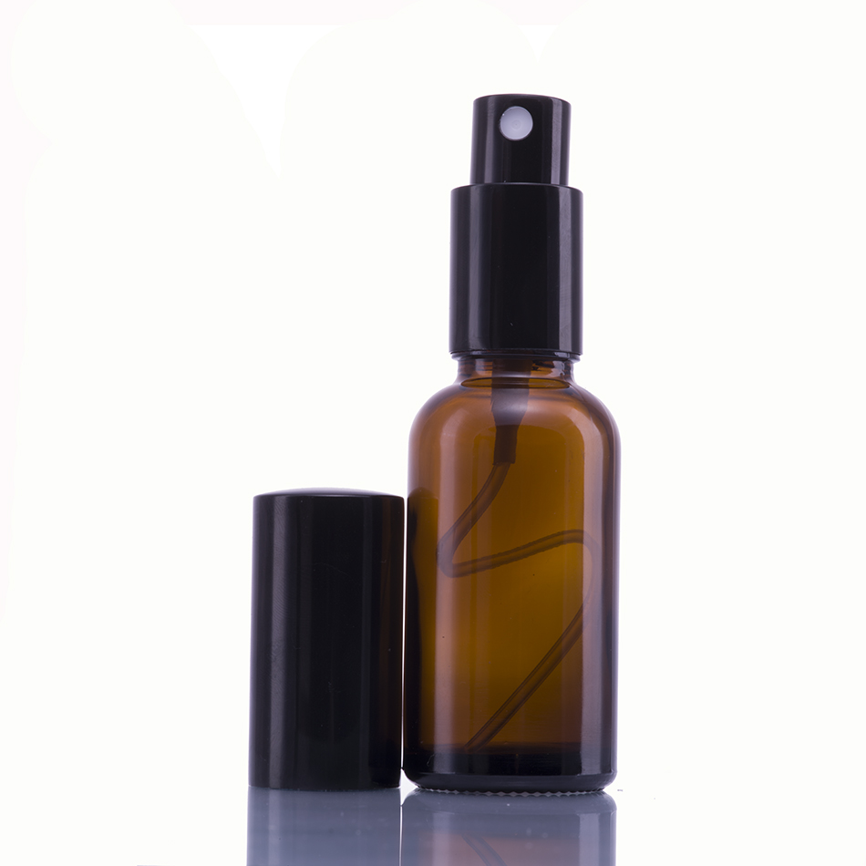 Wholesale amber brown 50ml 100ml round glass e juice spray pump bottle with black alumite cap