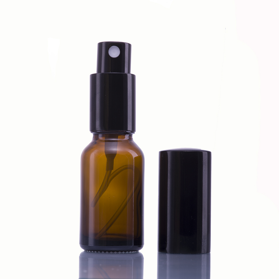 Wholesale amber brown 50ml 100ml round glass e juice spray pump bottle with black alumite cap