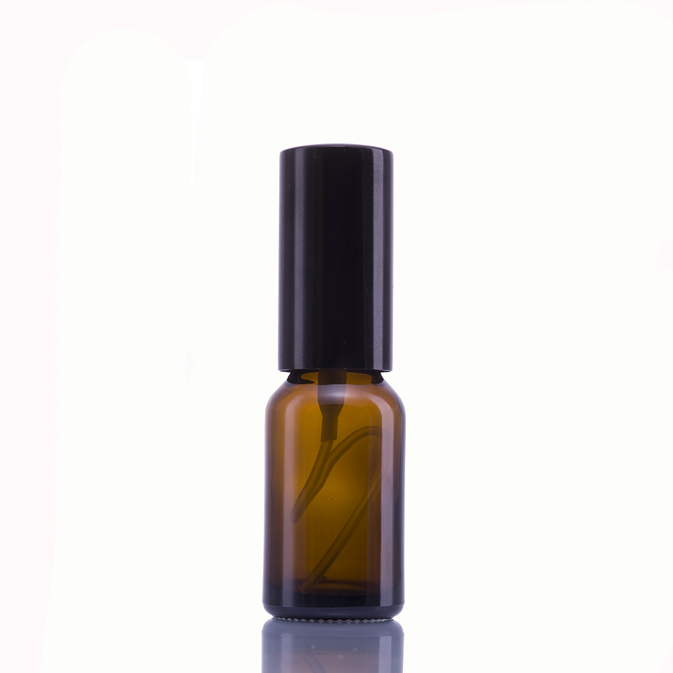Wholesale amber brown 50ml 100ml round glass e juice spray pump bottle with black alumite cap
