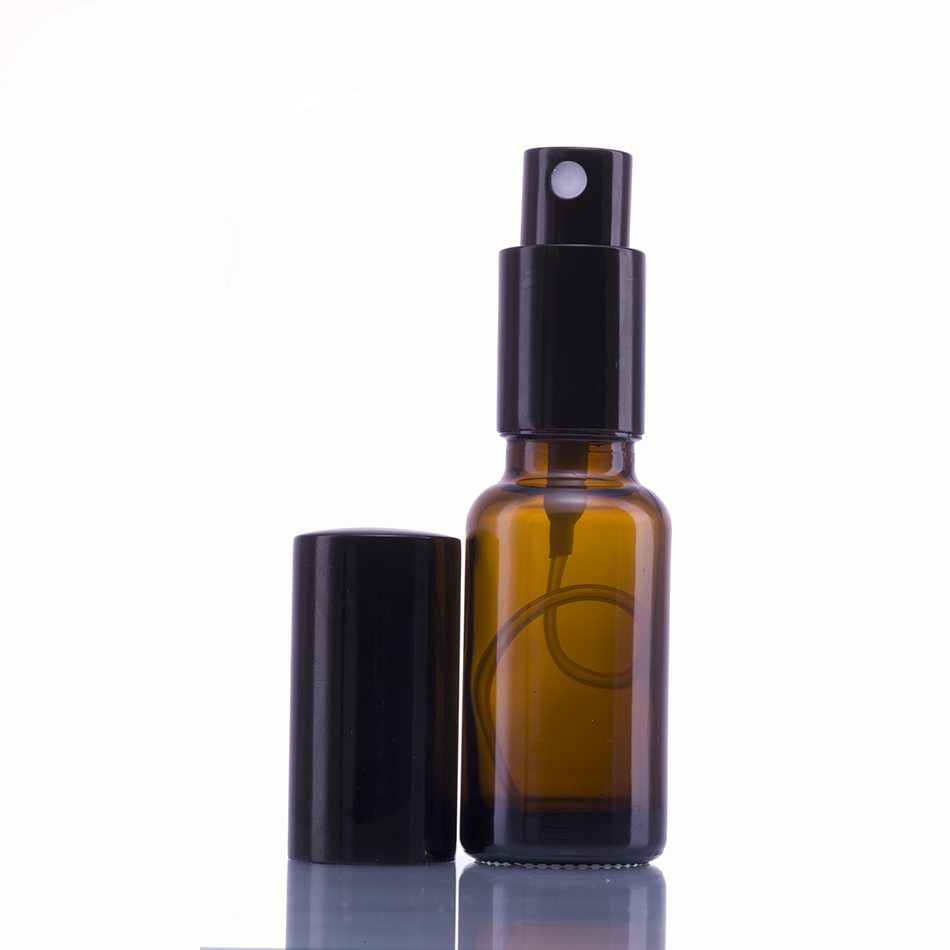 Wholesale amber brown 50ml 100ml round glass e juice spray pump bottle with black alumite cap