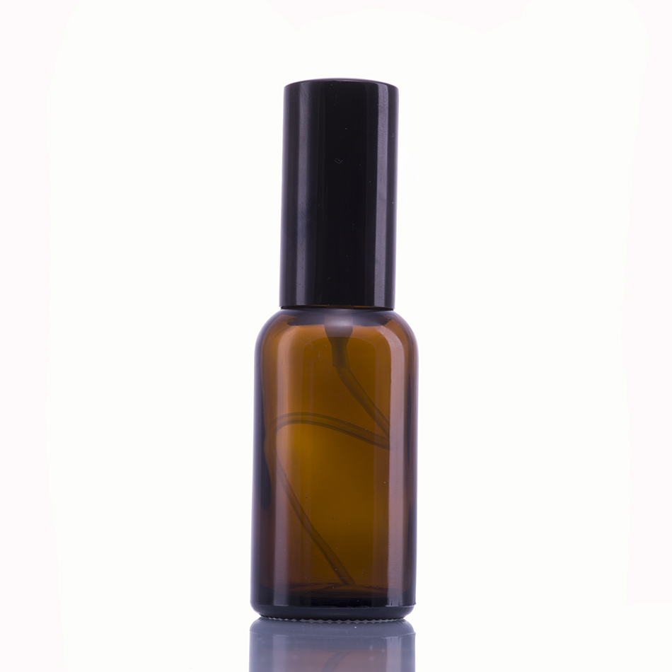 Wholesale amber brown 50ml 100ml round glass e juice spray pump bottle with black alumite cap