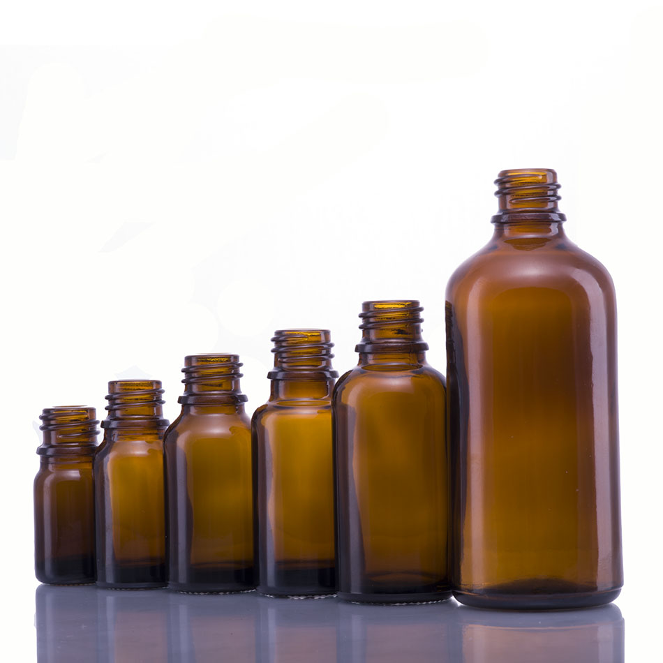 Wholesale amber brown 50ml 100ml round glass e juice spray pump bottle with black alumite cap
