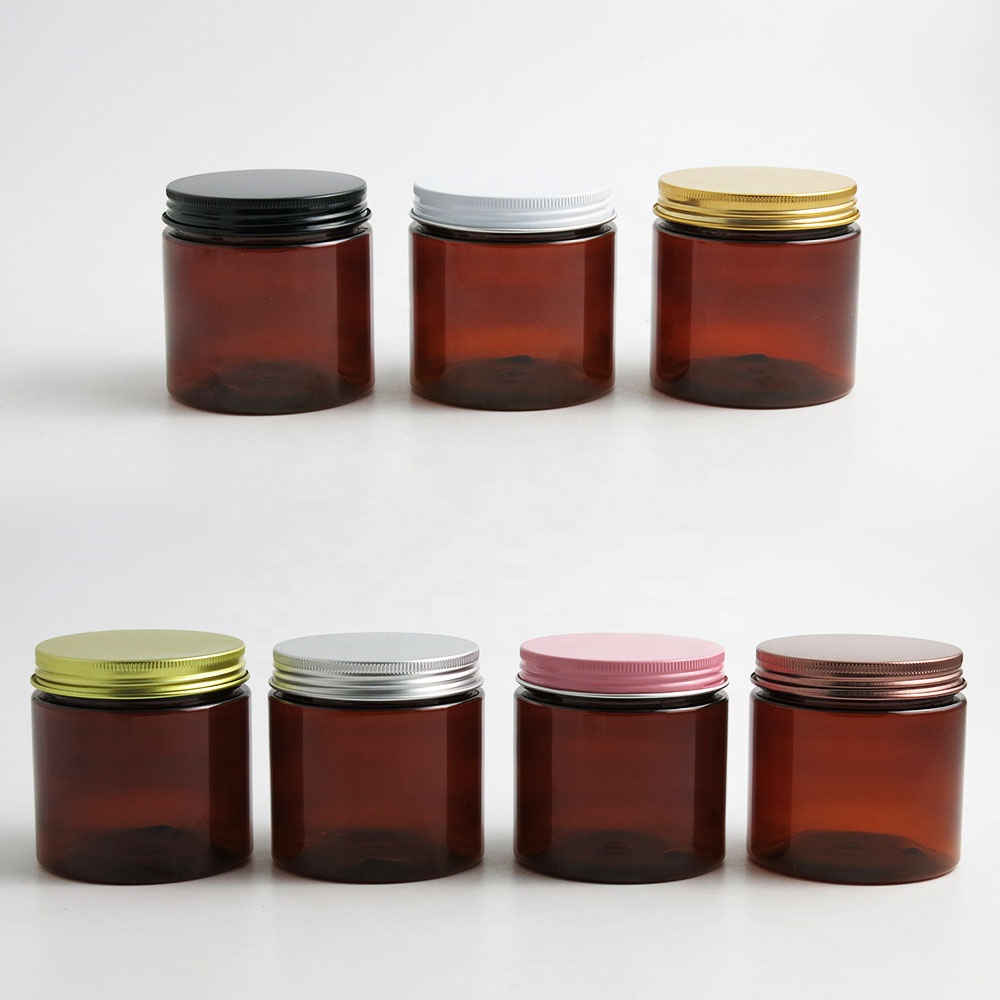 Wholesale amber plastic cosmetic packaging jars 200ml 200g with aluminum cap