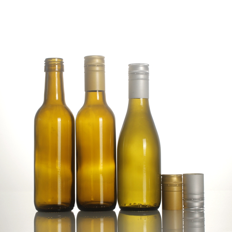 Wholesale antique green 187ml burgundy red wine small glass bottle with silver gold black aluminum screw cap