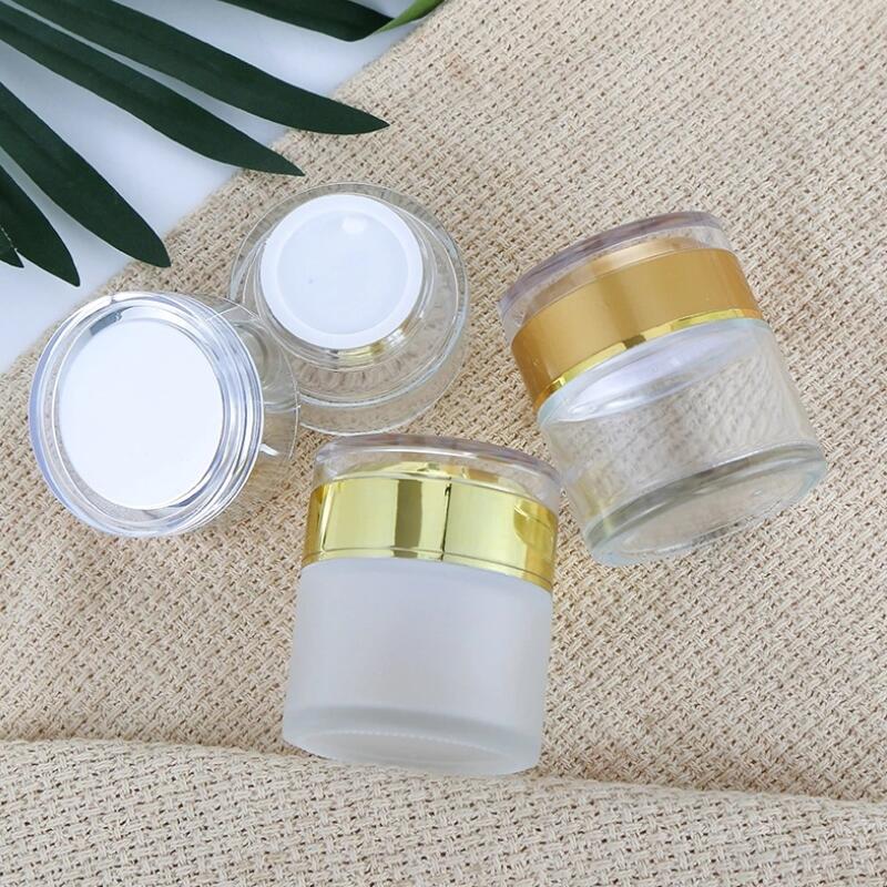 Wholesale big wide mouth glass jar 30ml 50ml 100ml clear cosmetic face cream jars with gold lid