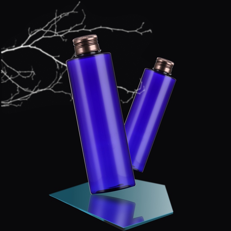 Wholesale blue PET toner or pump bottle packaging in 200ml with silver or gold cap for shampoo or other cream products container