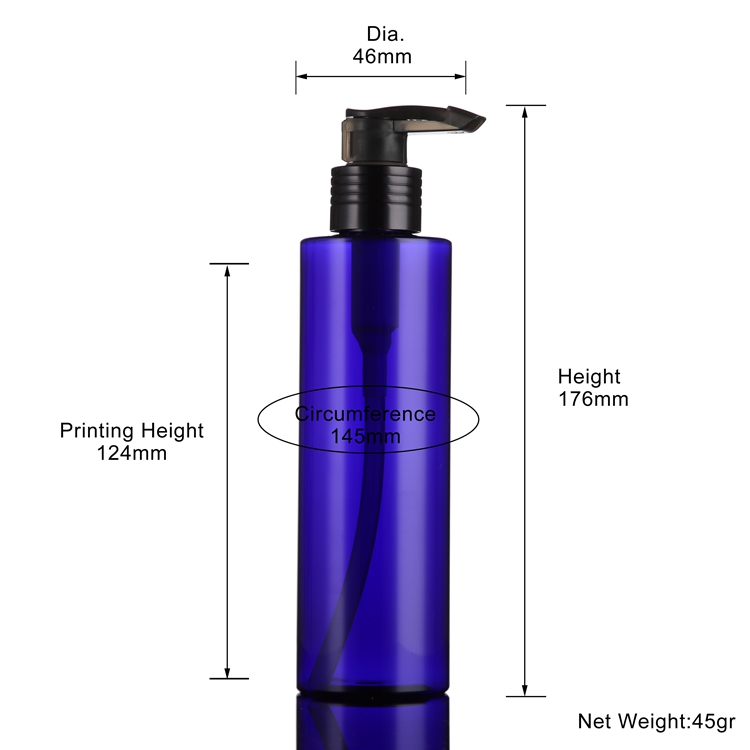 Wholesale blue PET toner or pump bottle packaging in 200ml with silver or gold cap for shampoo or other cream products container