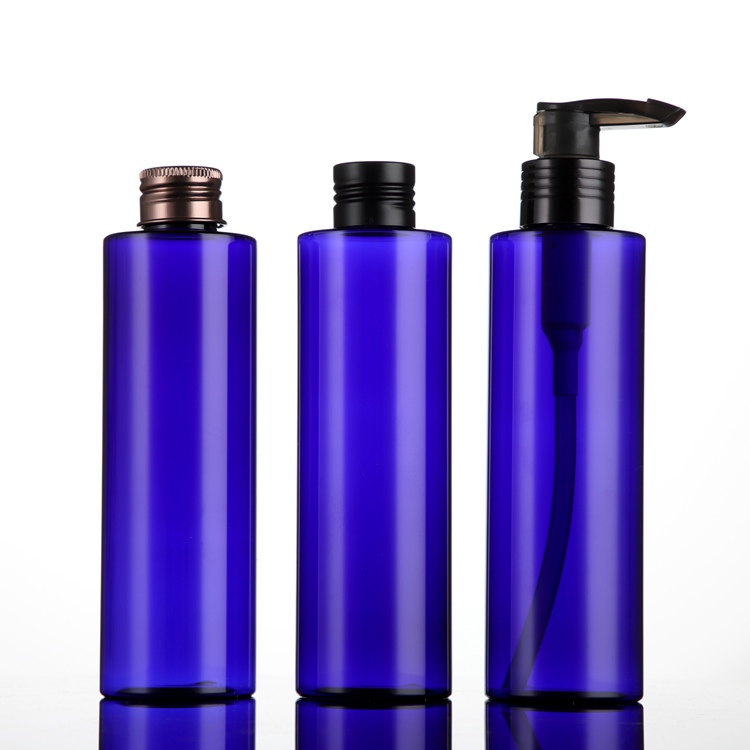 Wholesale blue PET toner or pump bottle packaging in 200ml with silver or gold cap for shampoo or other cream products container