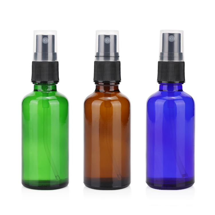 Wholesale blue perfume spray 50ml round glass essential oil dropper bottle with black mist sprayer