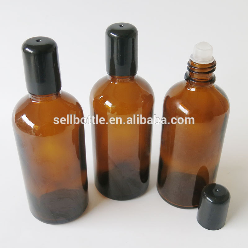 Wholesale brown amber 100ml roll on glass bottle essential oil roller bottle perfume cosmetic e liquid container