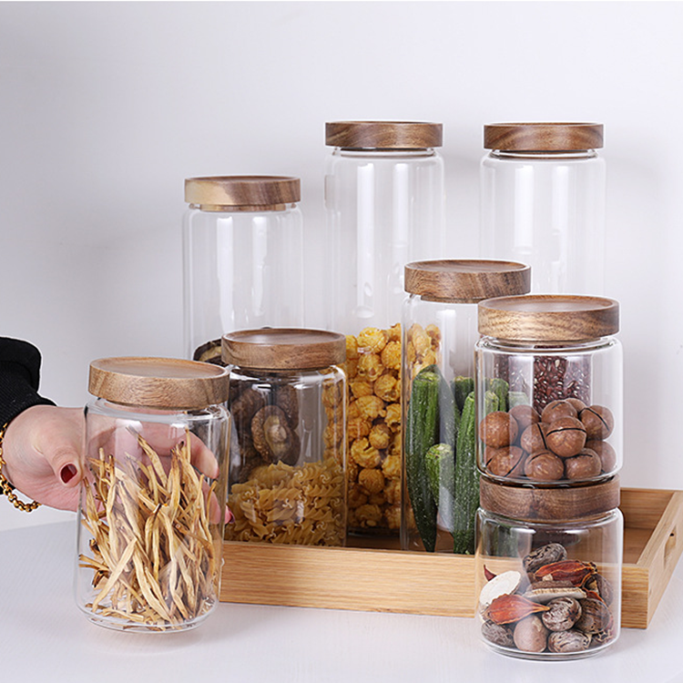 Wholesale cheap acacia wood 250ml 450ml 750ml 950ml storage glass jar with sealed lid Borosilicate glass with acacia wood lid