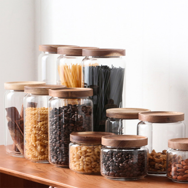 Wholesale cheap acacia wood storage Glass Storage Jars Airtight Lid