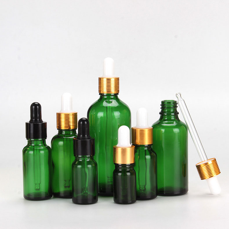 Wholesale cheap e liquid green glass dropper bottle from 5ml 10ml 15ml 30ml 50ml 100ml