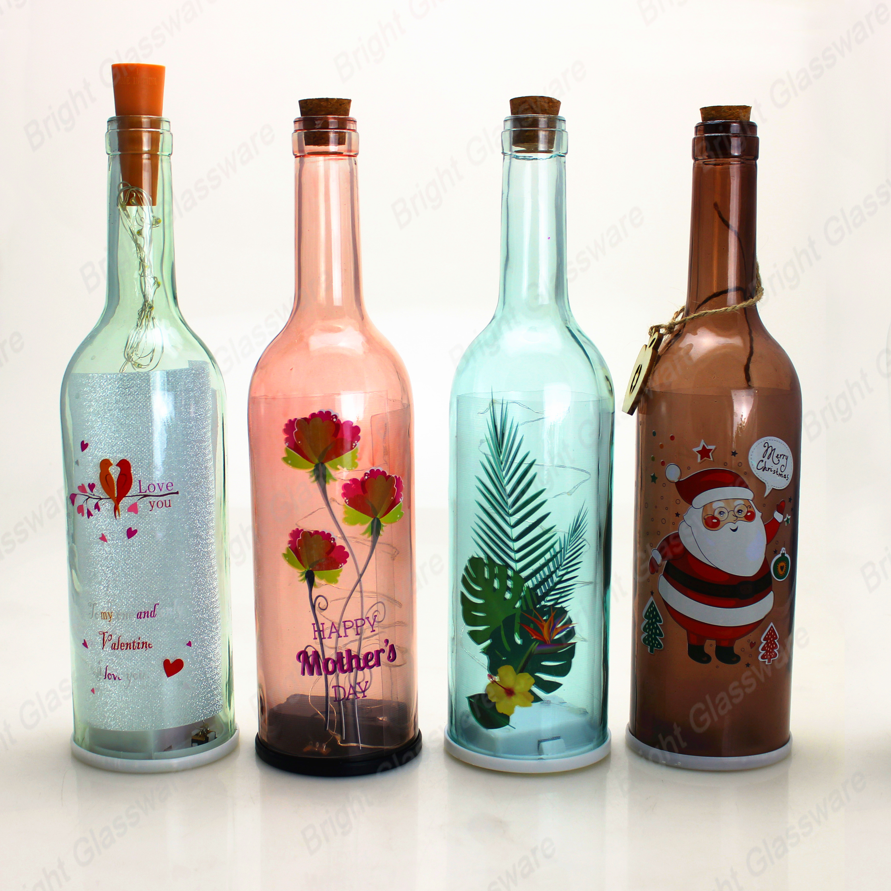 Wholesale christmas patterns decal beer glass wine bottles with cork stoppers