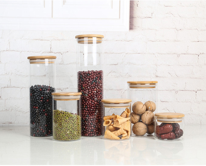 Wholesale clear 250ml 500ml 750ml glass storage bottle jar with bamboo lid cookie candy high borosilicate glass jar