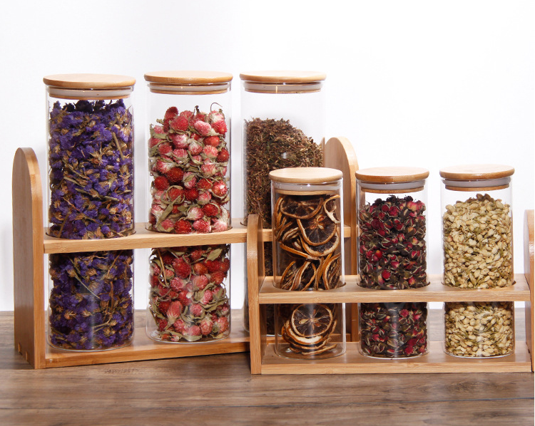 Wholesale clear 250ml 500ml 750ml glass storage bottle jar with bamboo lid cookie candy high borosilicate glass jar