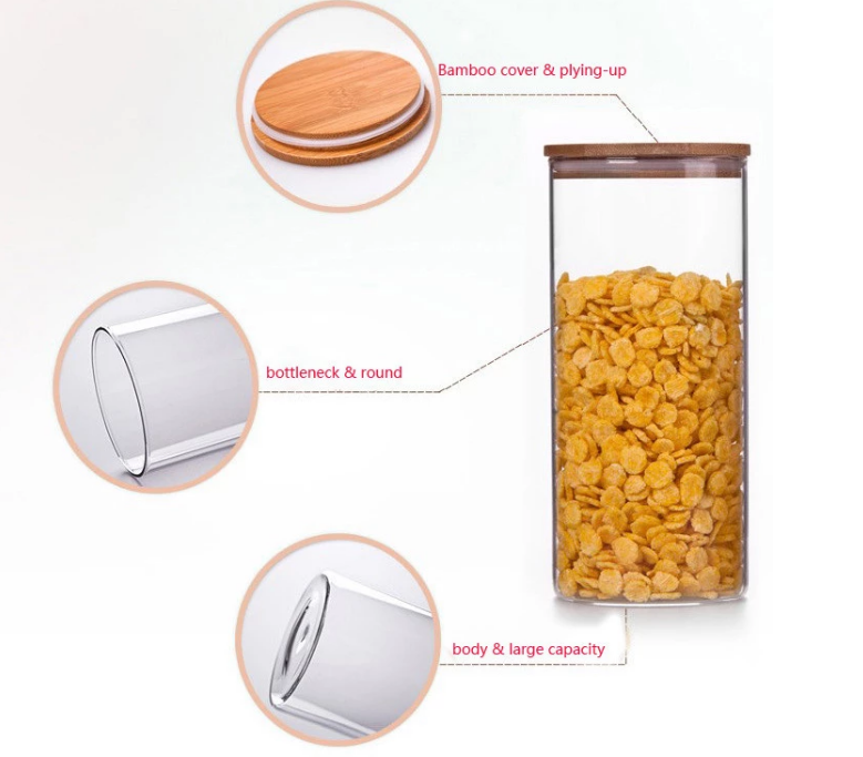 Wholesale clear 250ml 500ml 750ml glass storage bottle jar with bamboo lid cookie candy high borosilicate glass jar