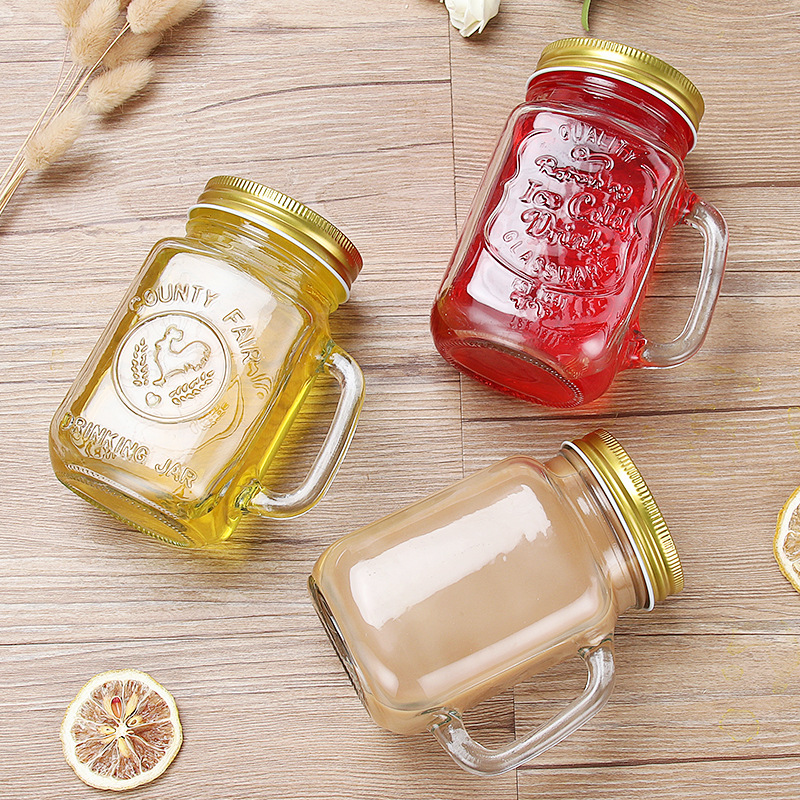 Wholesale clear 300ml 450ml 500ml 600ml glass mason jar drink glass candle glass with handle