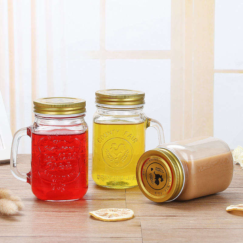 Wholesale clear 300ml 450ml 500ml 600ml glass mason jar drink glass candle glass with handle