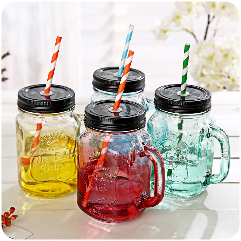 Wholesale clear 300ml 450ml 500ml 600ml glass mason jar drink glass candle glass with handle