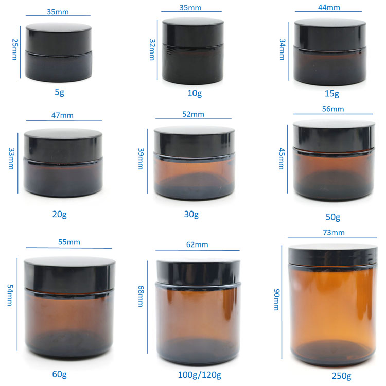 Wholesale cosmetic amber straight side round wide mouth glass jars for cream packaging 5g 10g 15g 20g 30g 50g 60g 100g 120g 250g