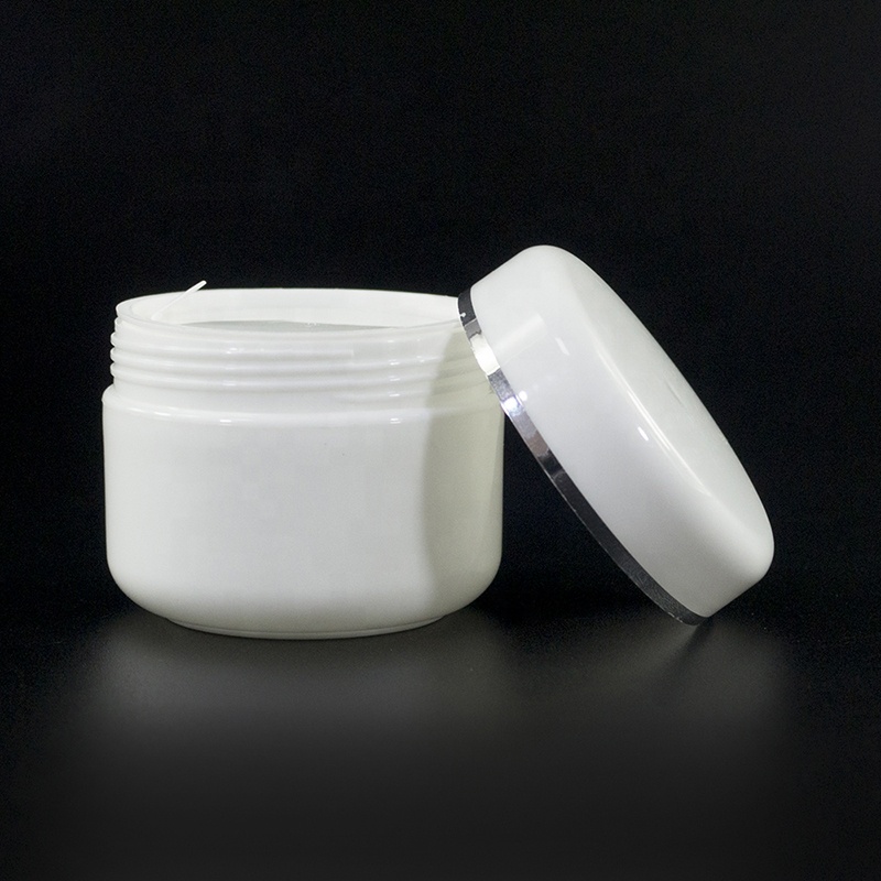 Wholesale cosmetic containers 10g 20g 50g 100g 250g white plastic face cream jar with silver edge