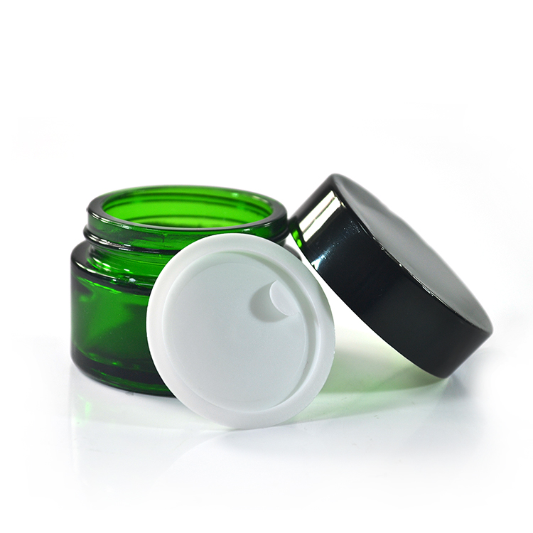 Wholesale cosmetic containers face cream jars 30g green glass cream jar with black anodized aluminum lid