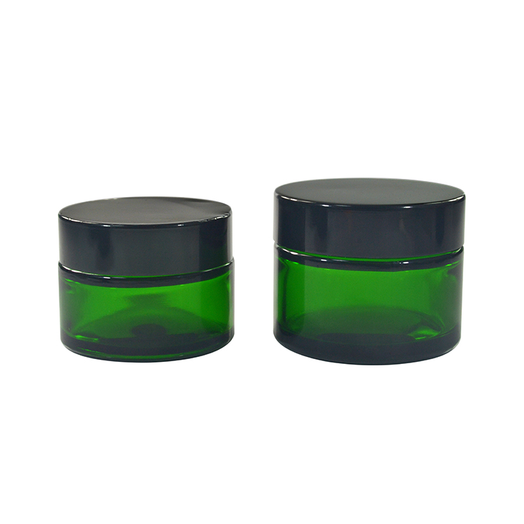 Wholesale cosmetic containers face cream packaging 20g 30g 50g green glass cream jar with black anodized aluminum lid