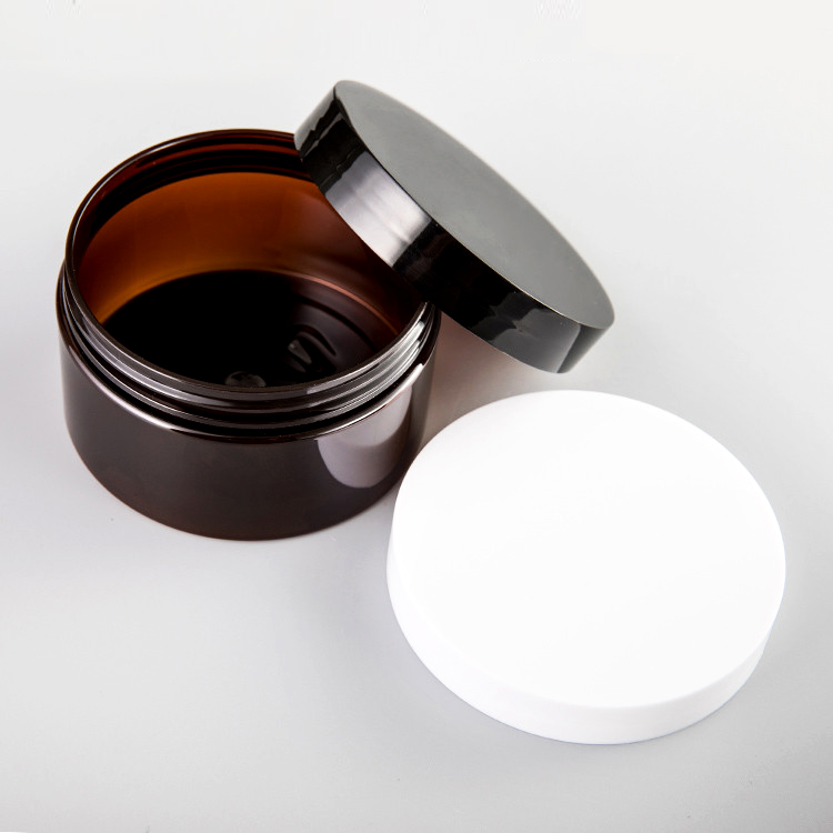 Wholesale cosmetic food packaging 100ml 150ml 200ml 250ml 300ml amber black pet plastic cosmetic cream jar with white black lid