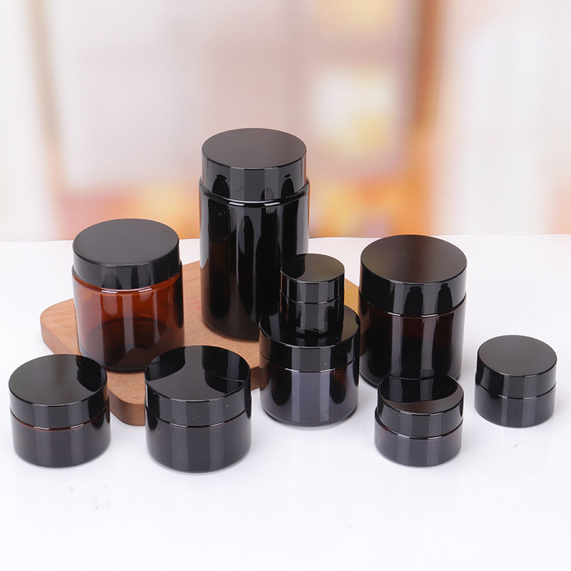 Wholesale cosmetic food packaging 100ml 150ml 200ml 250ml 300ml amber black pet plastic cosmetic cream jar with white black lid