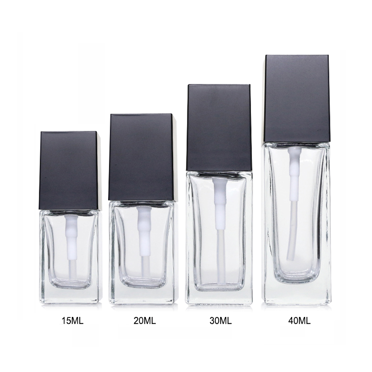 Wholesale cosmetic packaging 15ml 20ml 30ml 40ml square clear empty serum lotion foundation glass bottle with pump