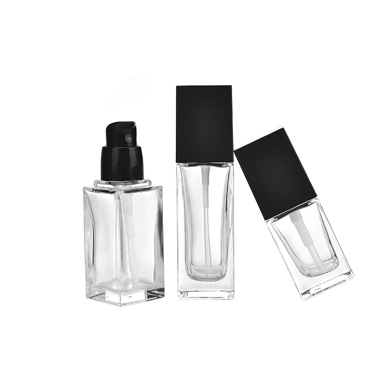 Wholesale cosmetic packaging 15ml 20ml 30ml 40ml square clear empty serum lotion foundation glass bottle with pump