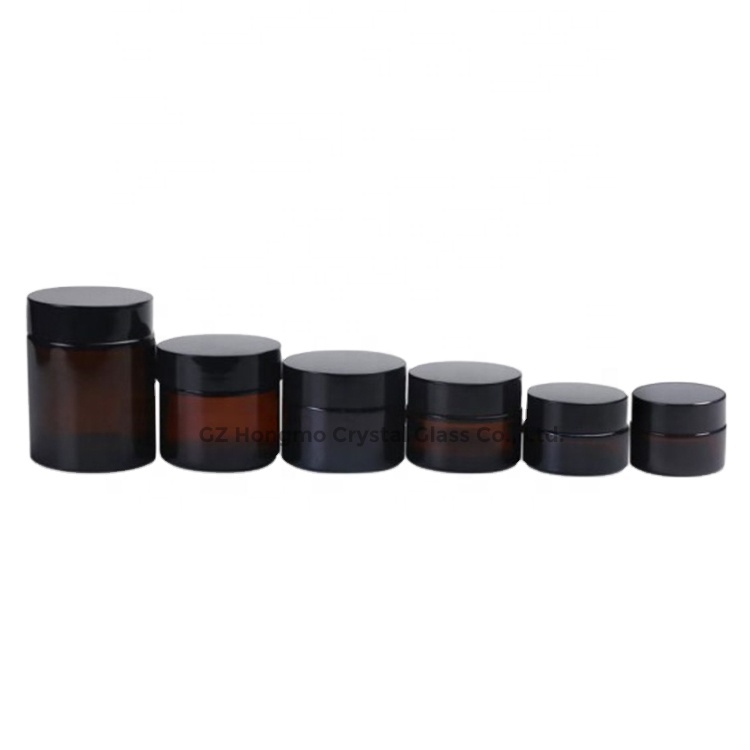 Wholesale cosmetic packaging 20ml 30ml 50ml amber glass jar with silver gold aluminum metal lids black plastic caps in stock