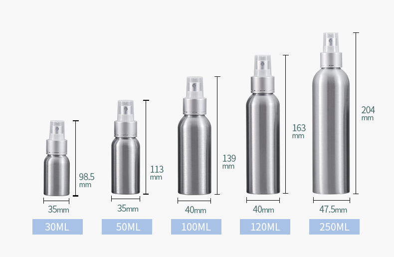 Wholesale cosmetic packaging spray bottle 30ml 50ml 100ml 120ml aluminium spray bottle