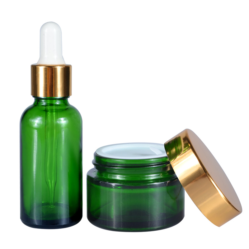 Wholesale cosmetic packing 15g 30g 50g amber black green and clear glass dropper bottle and glass cream jar