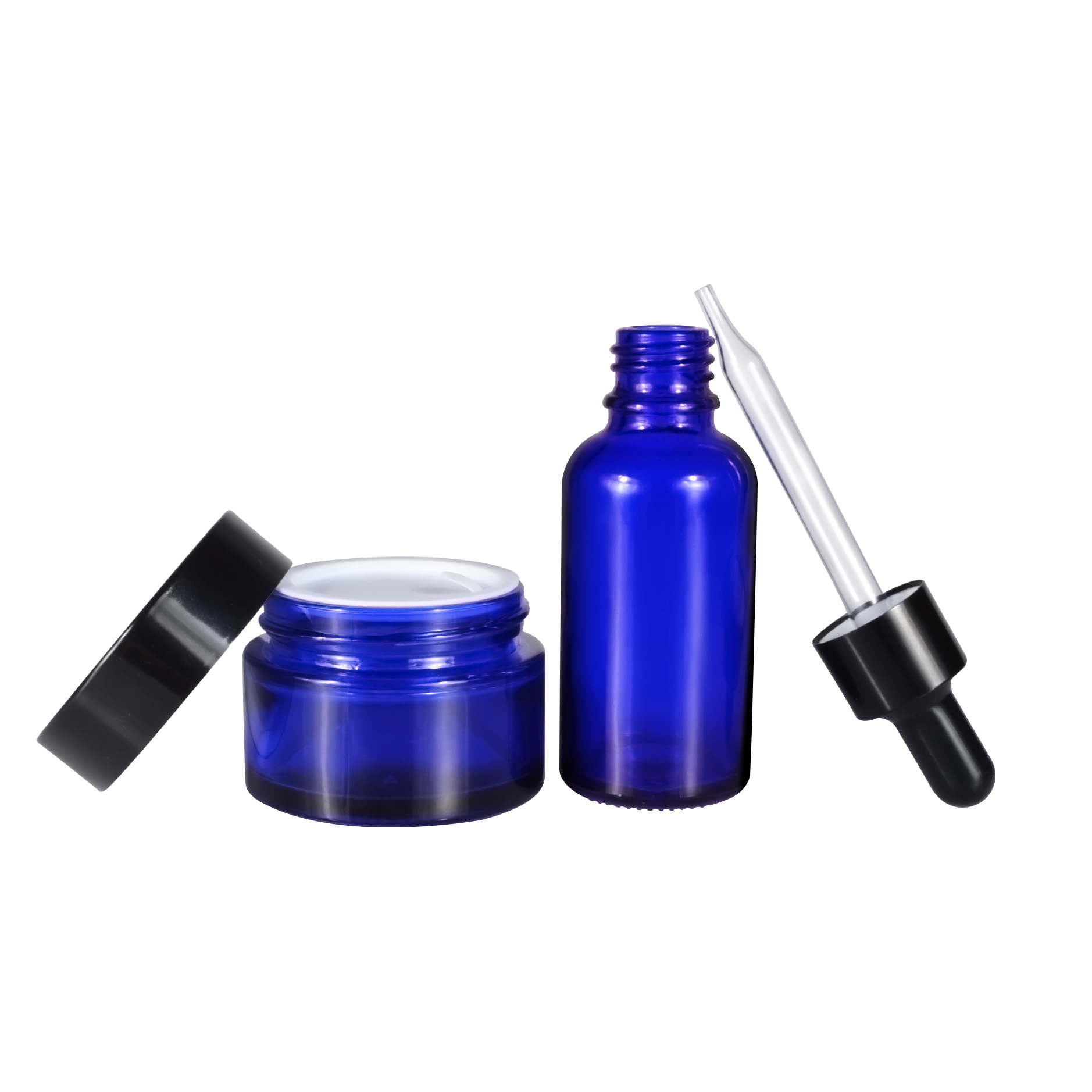 Wholesale cosmetic packing 15g 30g 50g amber black green and clear glass dropper bottle and glass cream jar
