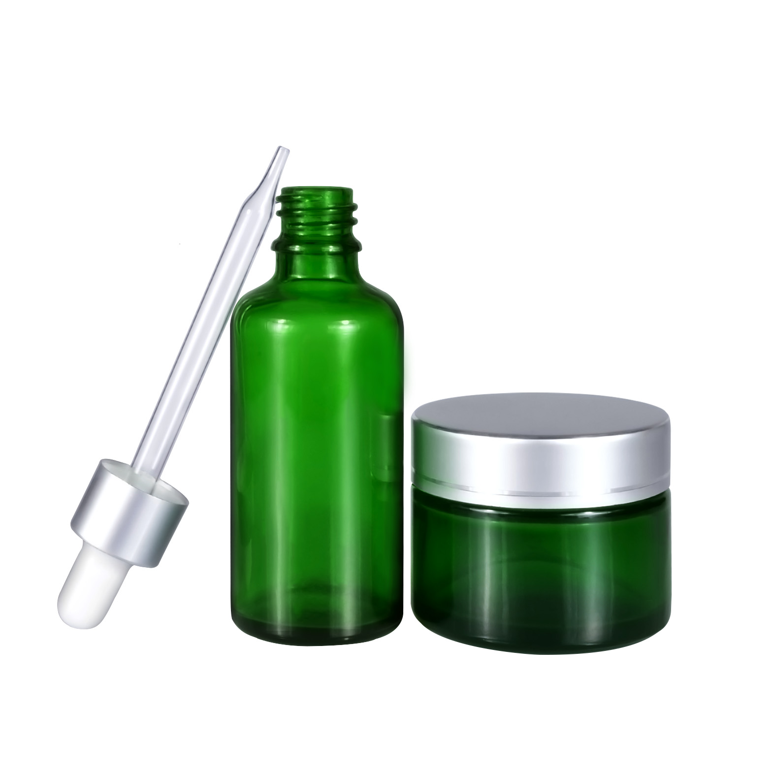 Wholesale cosmetic packing 15g 30g 50g amber black green and clear glass dropper bottle and glass cream jar