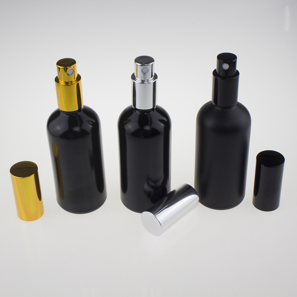 Wholesale custom 3oz 100ml matt black glass spray bottle with mist pump cap