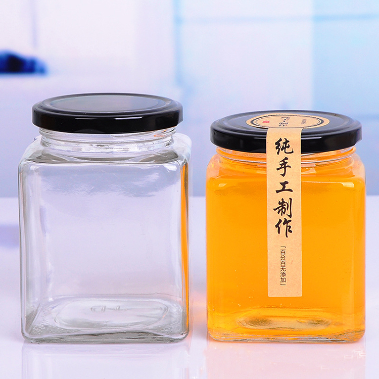 Wholesale custom logo food storage jar 280ml 380ml 500ml 730ml square empty glass honey jar glass bottle for honey
