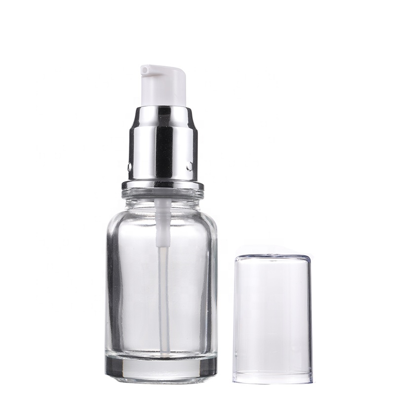 Wholesale custom screen printing surface handling 30ml transparent glass lotion bottle with silver white pump lid