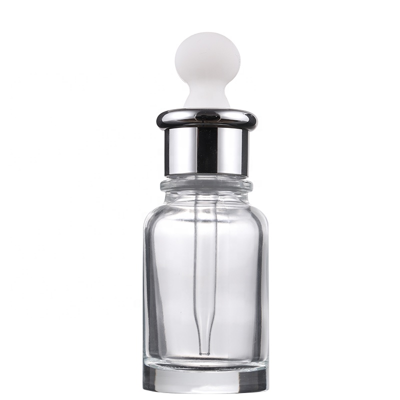 Wholesale custom screen printing surface handling 30ml transparent glass lotion bottle with silver white pump lid