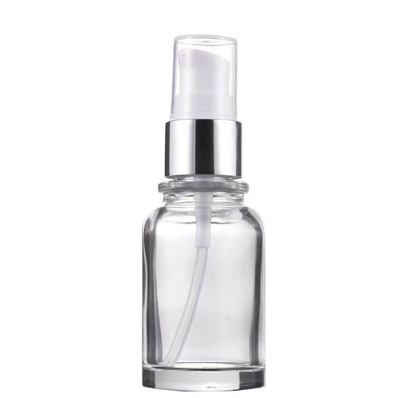 Wholesale custom screen printing surface handling 30ml transparent glass lotion bottle with silver white pump lid