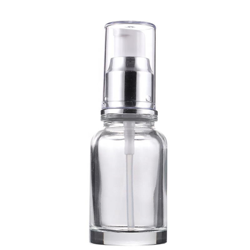 Wholesale custom screen printing surface handling 30ml transparent glass lotion bottle with silver white pump lid