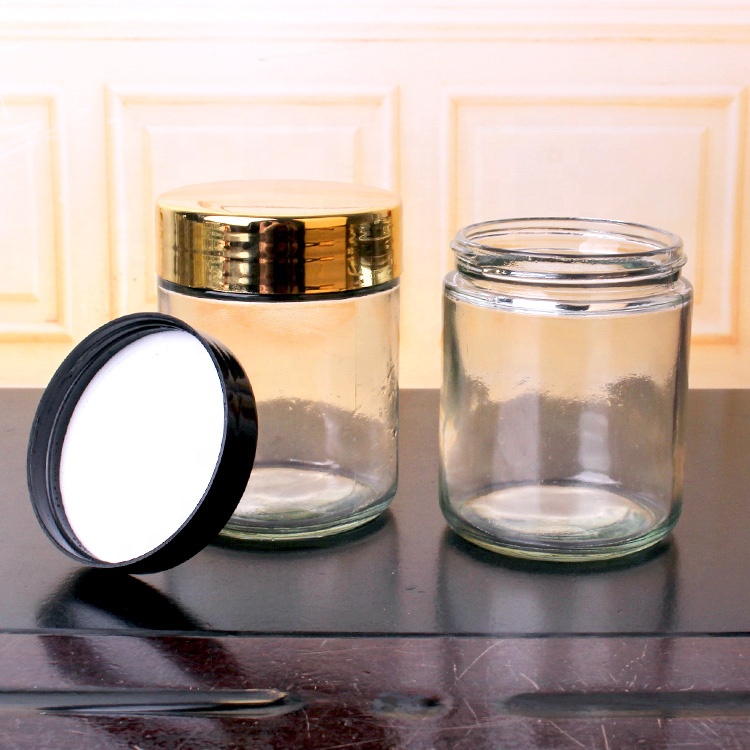 Wholesale customized 260ml clear round straight sided glass jars with screw lid for food candy honey caviar jam