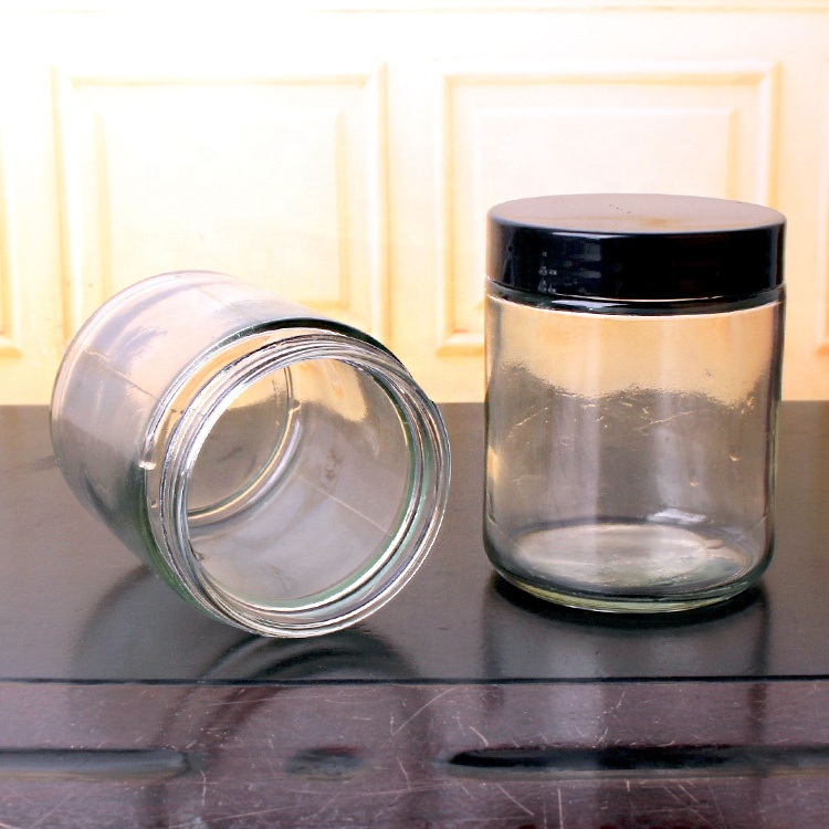 Wholesale customized 260ml clear round straight sided glass jars with screw lid for food candy honey caviar jam