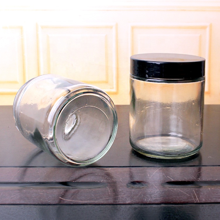 Wholesale customized 260ml clear round straight sided glass jars with screw lid for food candy honey caviar jam