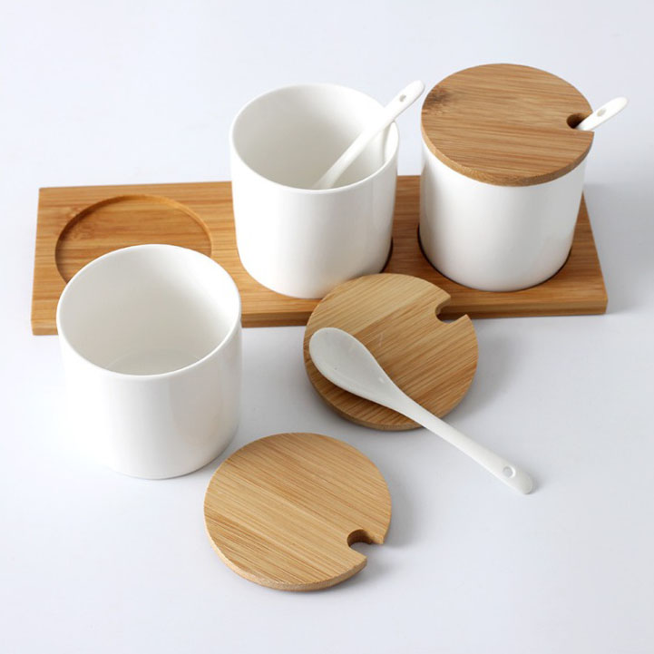 Wholesale customized spice container sets condiment pots kitchen ceramic seasoning jars with lid spoon and tray