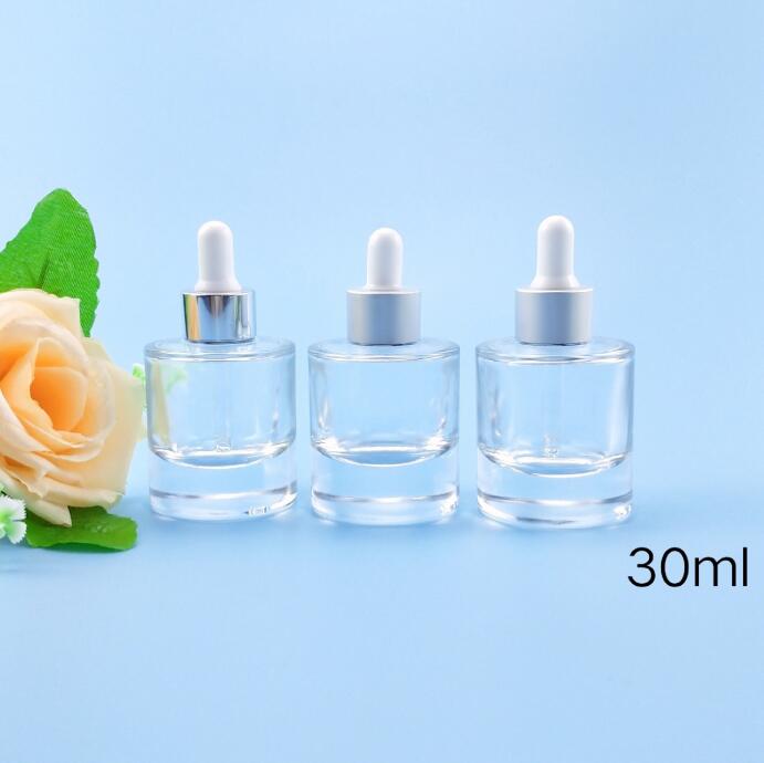 Wholesale customs logo 30ml thicken bottom glass dropper bottles with wide shoulder black cap in store with good price